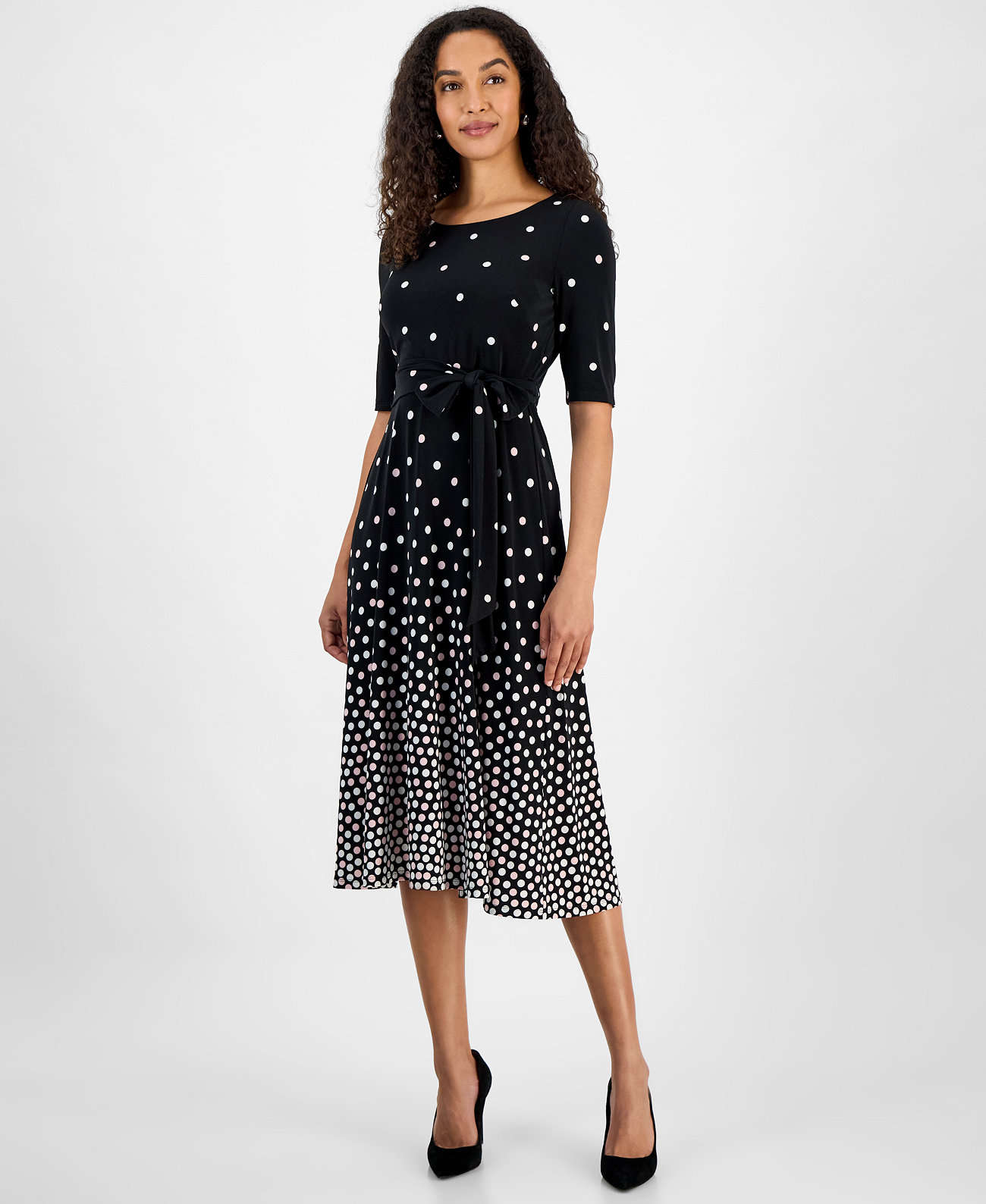 Women's Graduated Dot-Print 3/4-Sleeve Dress Kasper