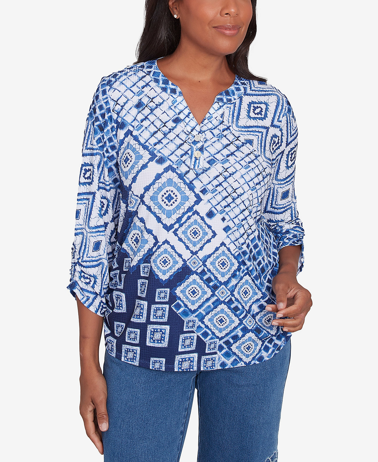 Women's Free Spirit Ikat Patched Geometric Top Alfred Dunner