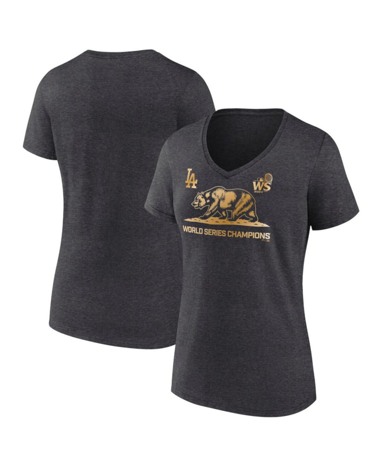 Women's Charcoal Heather Los Angeles Dodgers 2024 World Series Champions Fanatics Exclusive Cali Bear V-Neck T-Shirt Fanatics