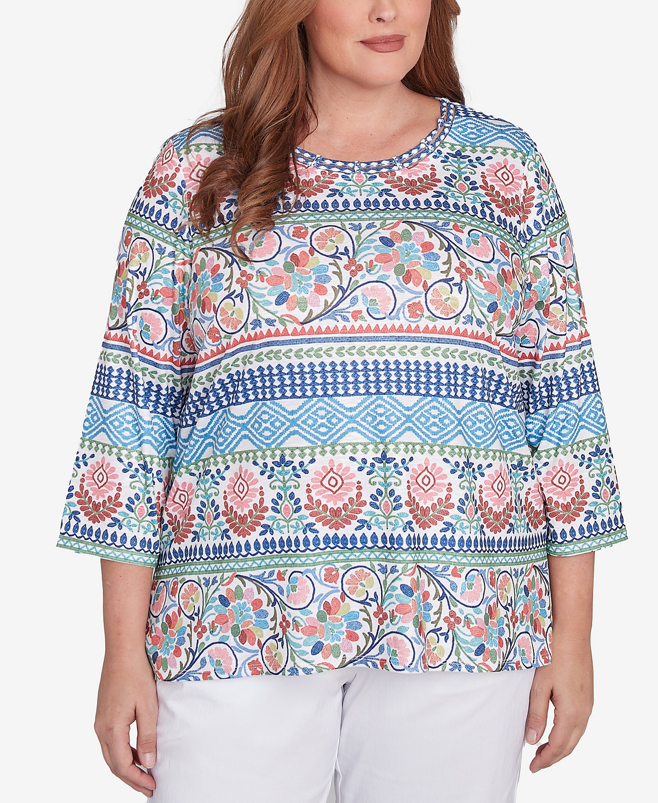 Plus Size Classic Knit Scroll Geometric Crew Neck Top Alfred Dunner