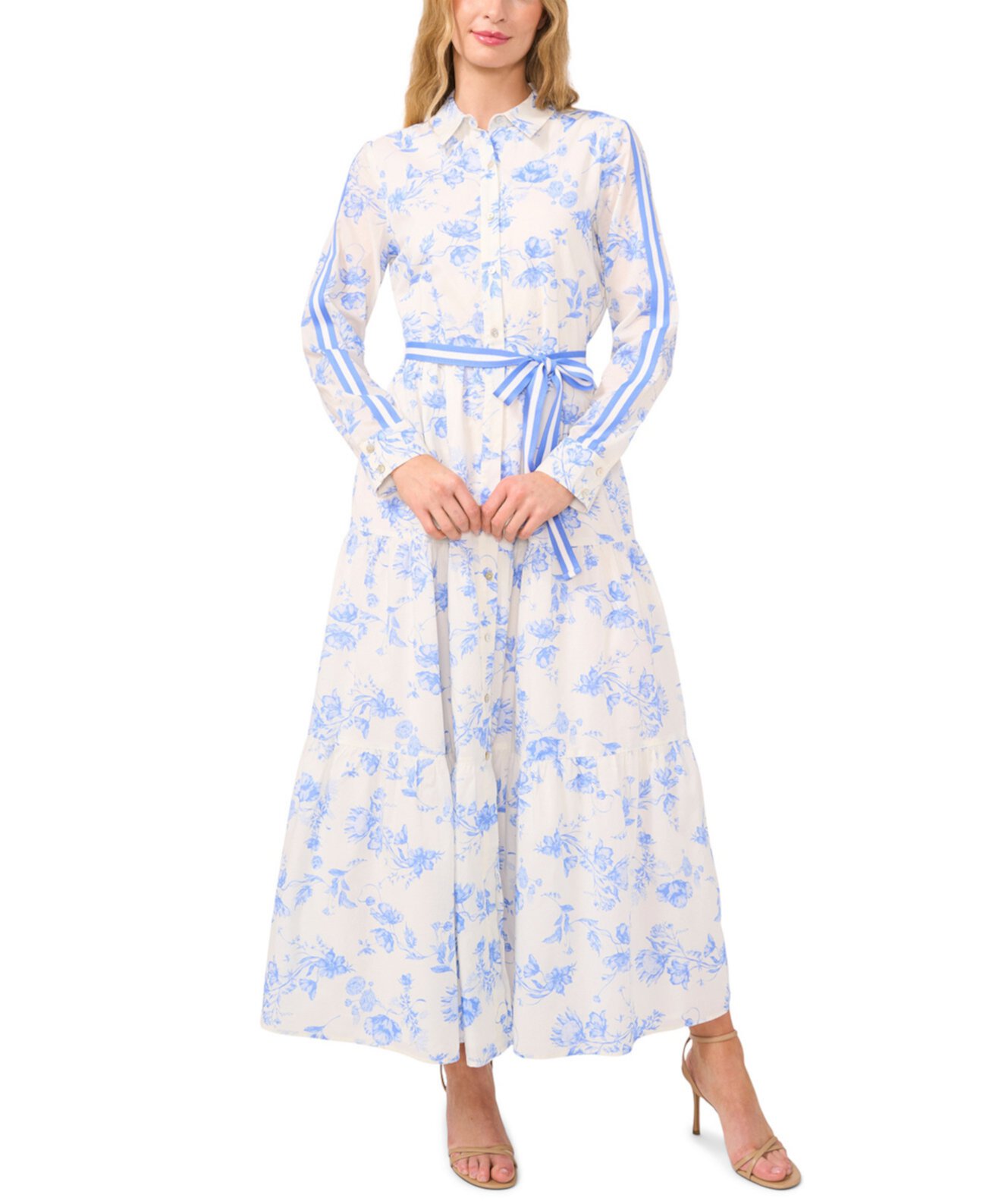 Women's Long Sleeve Shirt Dress with Tie at Waist CeCe