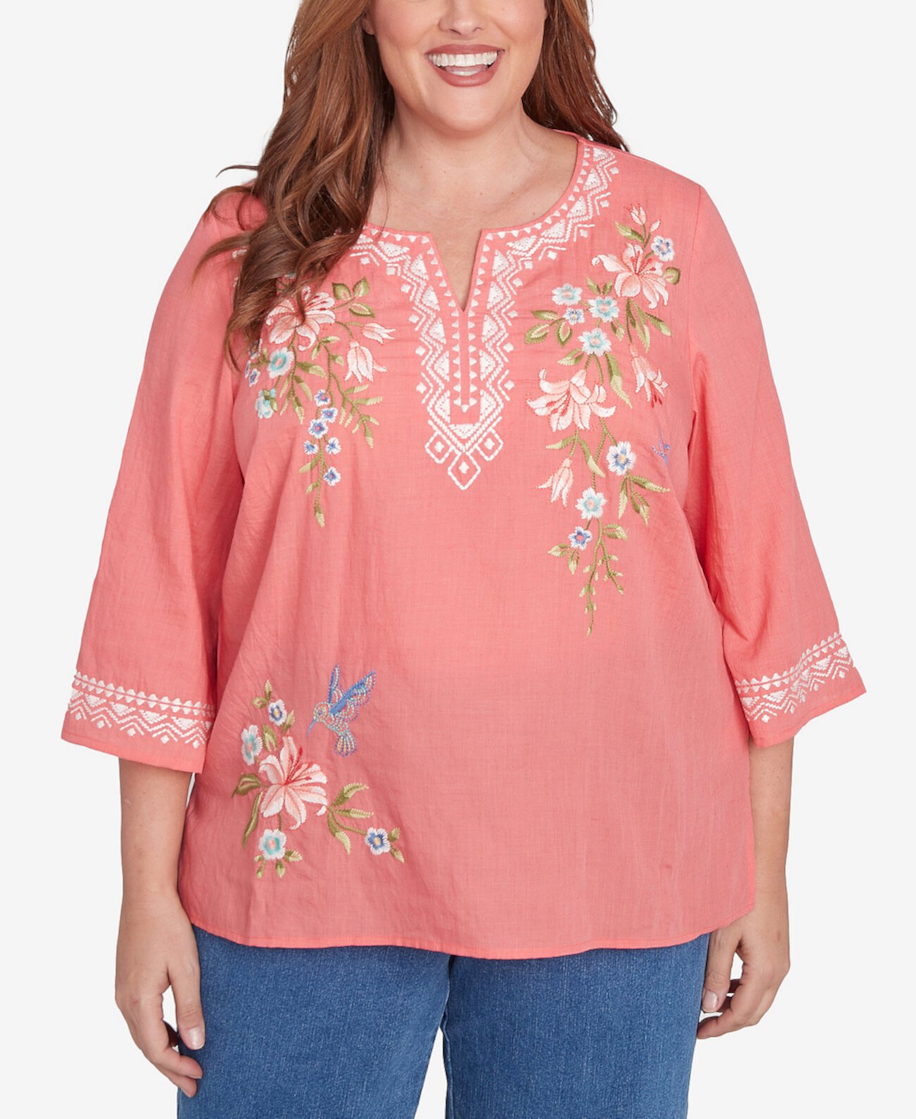 Plus Size Free Spirit Bohemian Floral Embroidered Flutter Sleeve Top Alfred Dunner