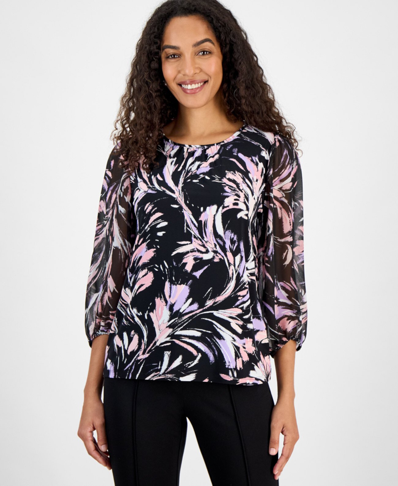 Women's Printed 3/4-Sleeve Blouson Top, Regular and Petite Sizes Kasper