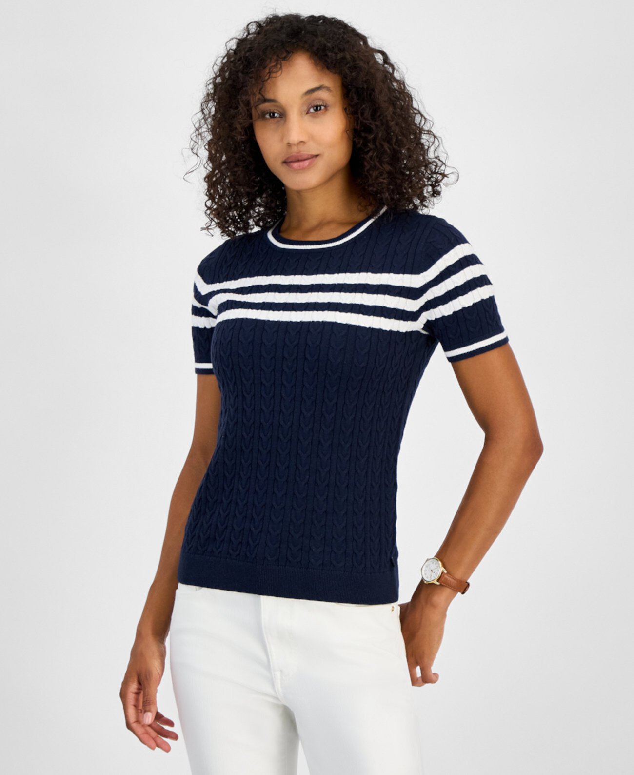 Women's Striped Cable-Knit Cotton Sweater Tommy Hilfiger