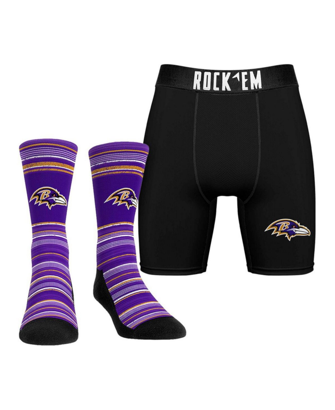 Men's Baltimore Ravens Primary Crew Socks Boxer Briefs Combo Pack Rock 'Em