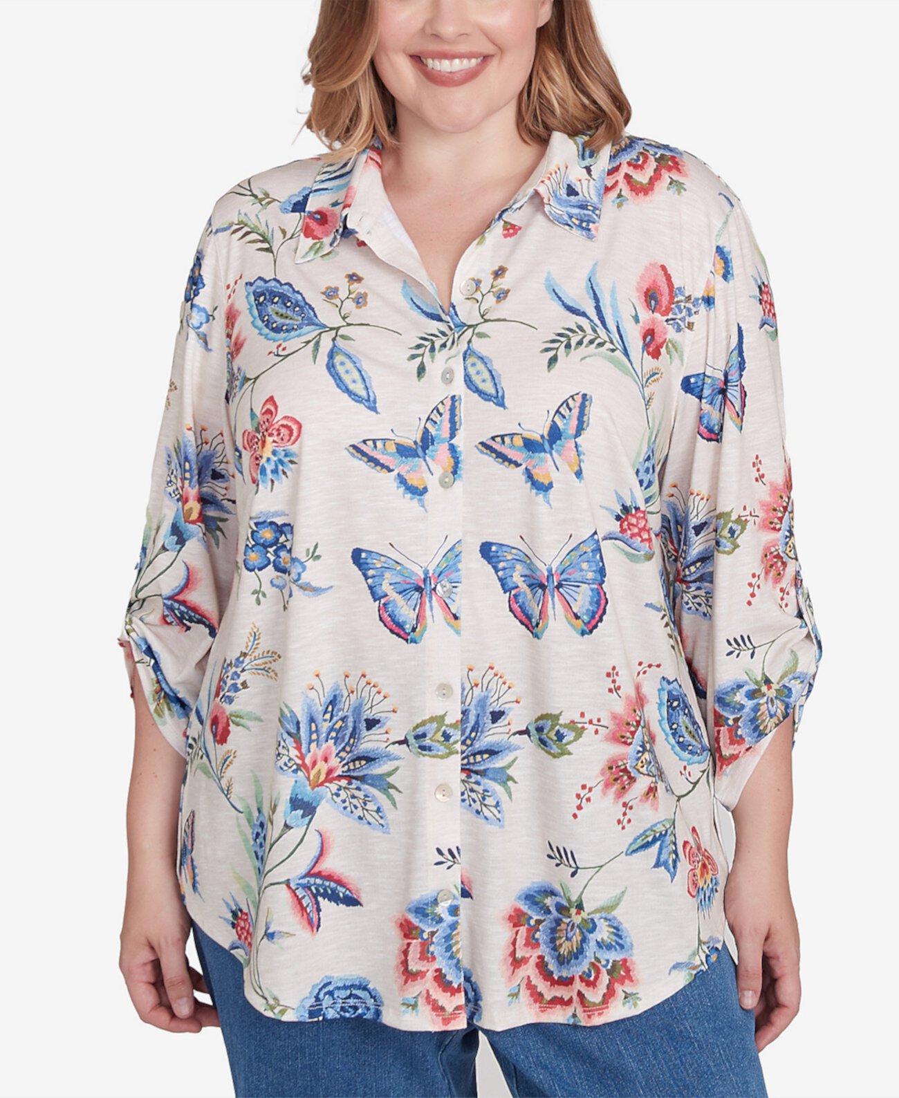 Plus Size Free Spirit Butterfly Button Up Cuffed Sleeve Shirt Alfred Dunner