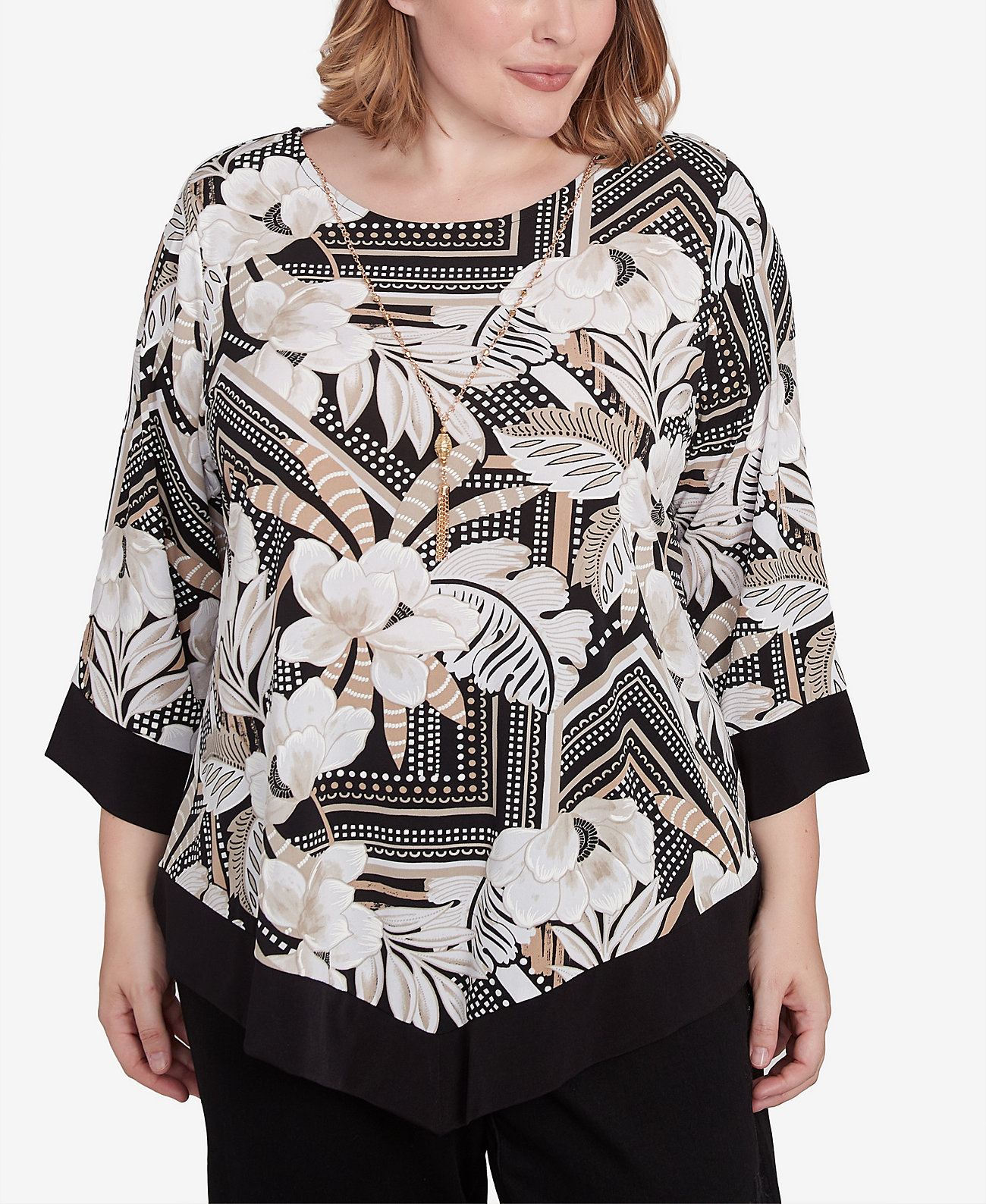 Plus Size Classic Floral Geometric Crew Neck Top with Necklace Alfred Dunner