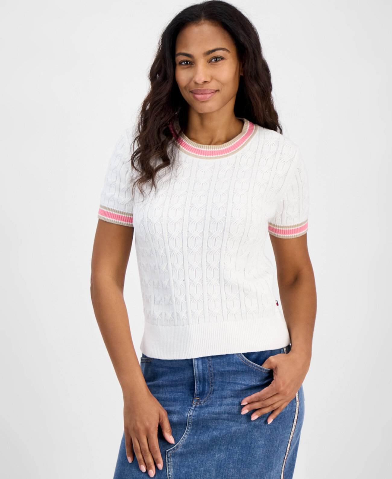 Women's Short-Sleeve Cable-Knit Cotton Sweater Tommy Hilfiger