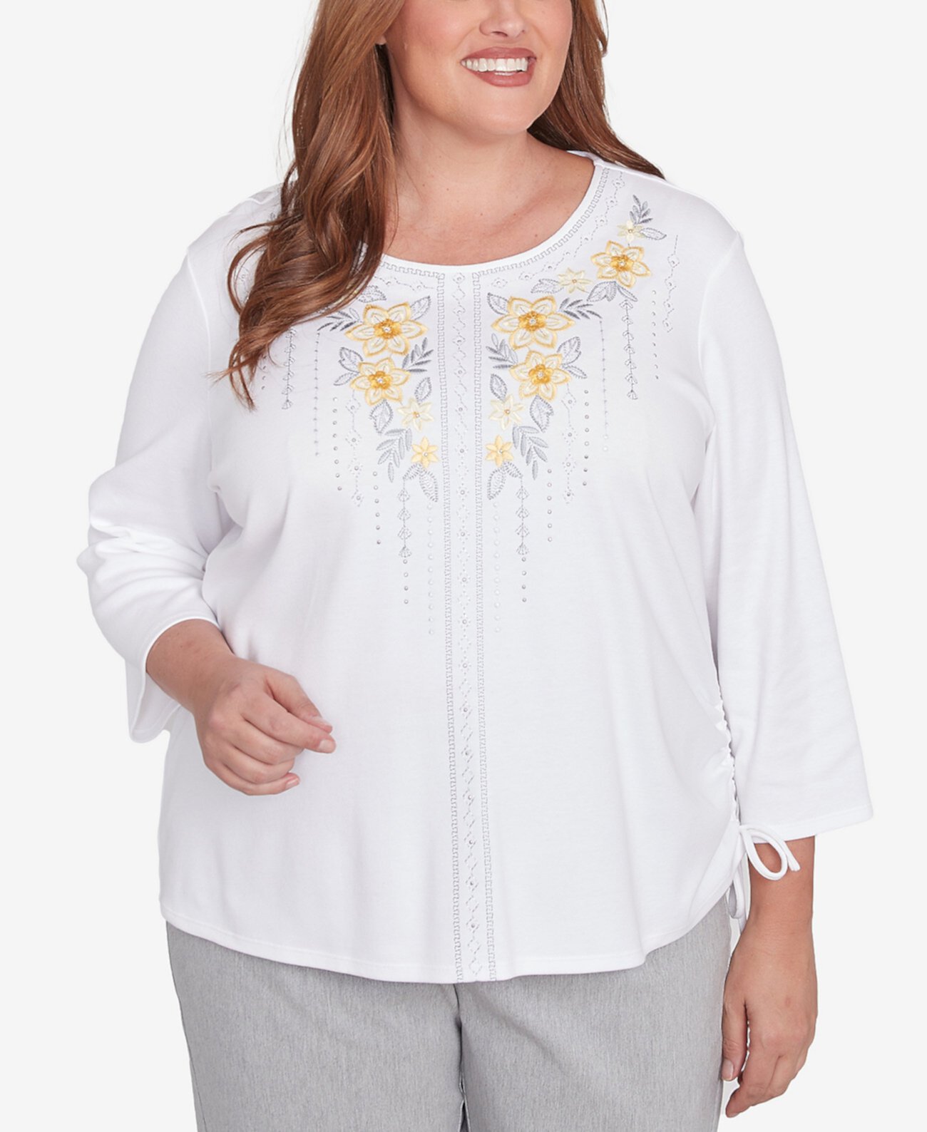 Plus Size Dress Code Linear Knit Floral Embroidered Crew Neck Top Alfred Dunner