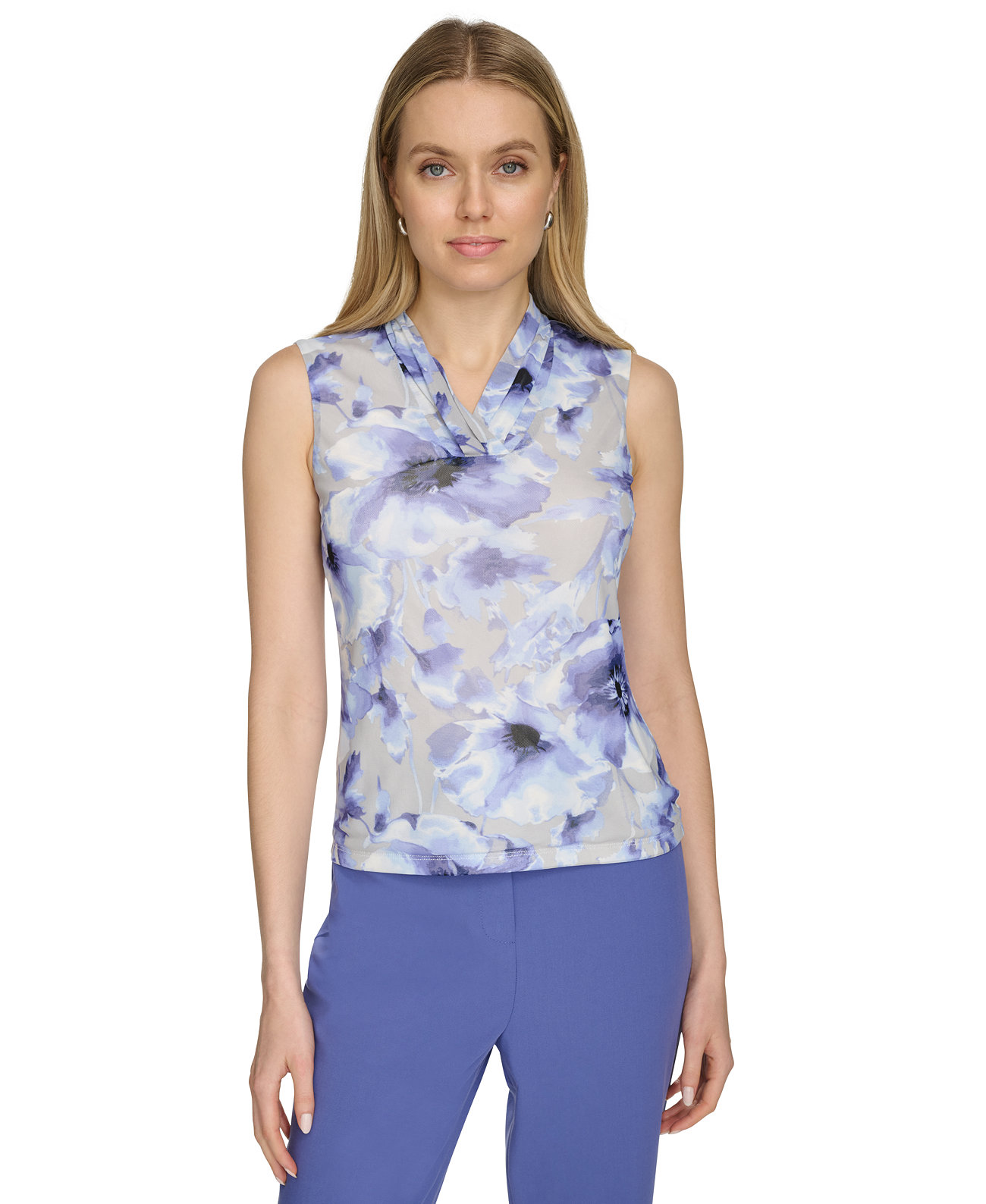 Petite Printed Pleated V-Neck Sleeveless Top Calvin Klein