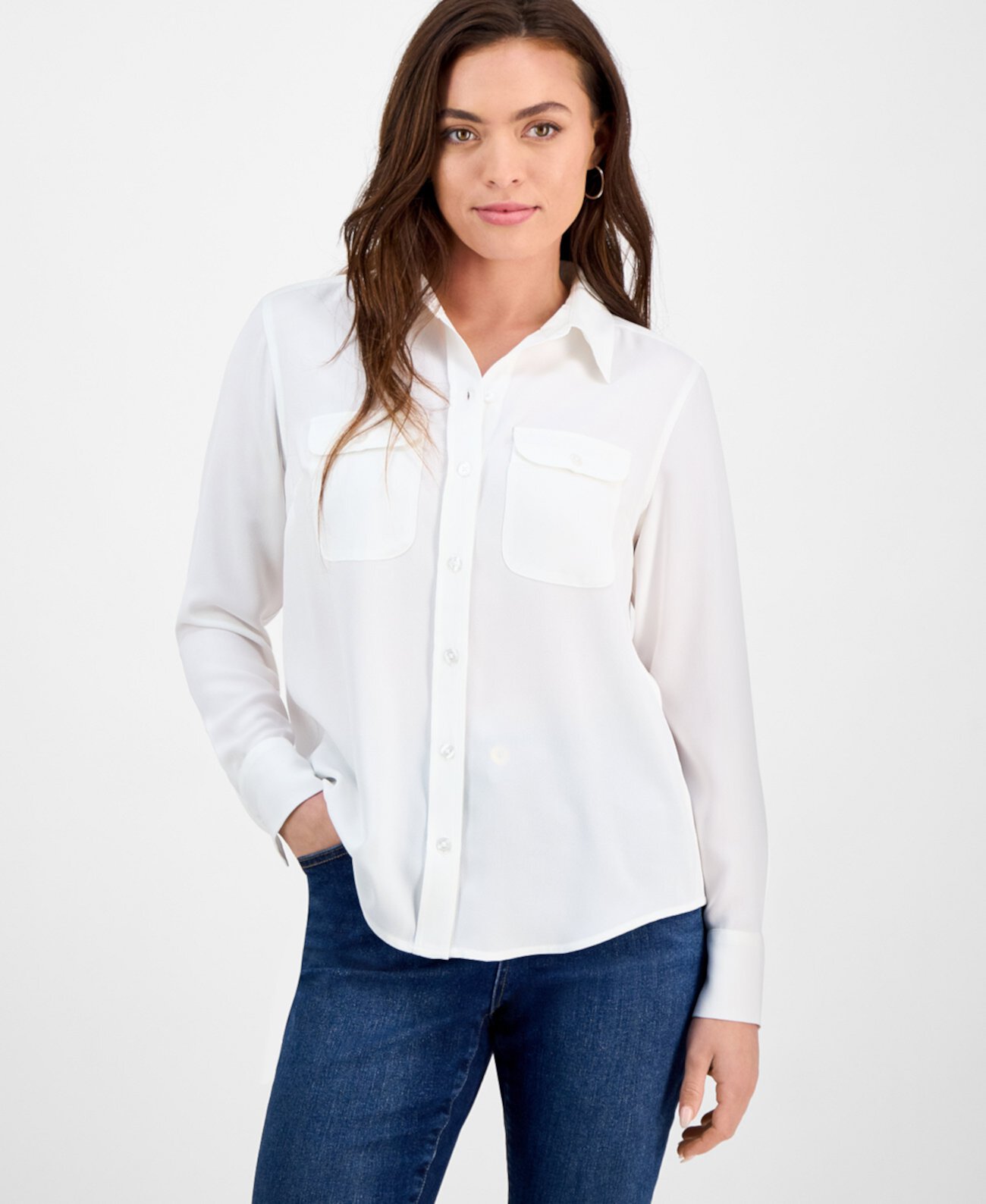 Petite Button-Pocket Long-Sleeve Shirt, Exclusively at Macy's I.N.C. International Concepts