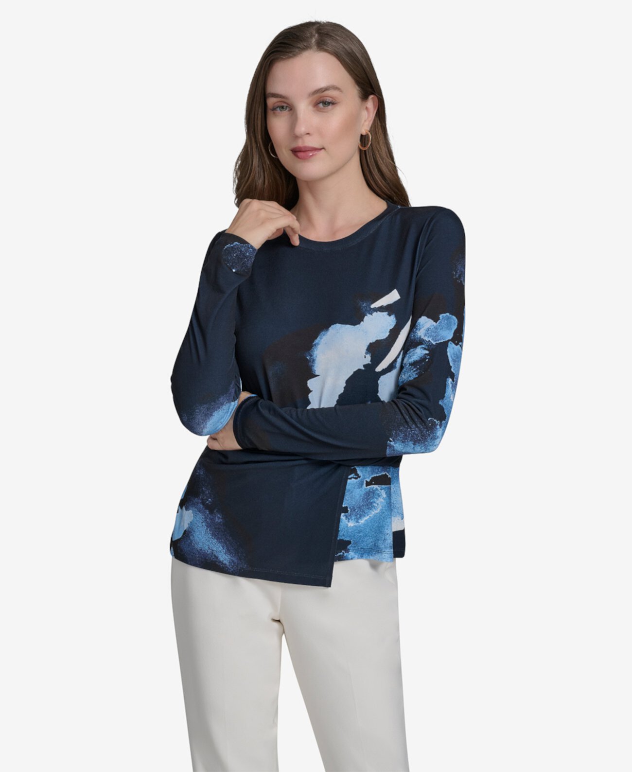 Women's Printed Side-Knot Long-Sleeve Top Halston