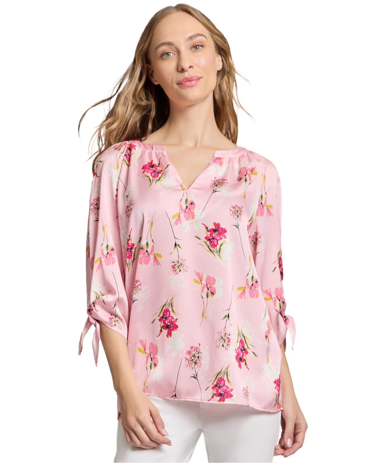 Petite Floral-Print Tie-Cuff Top Jones New York