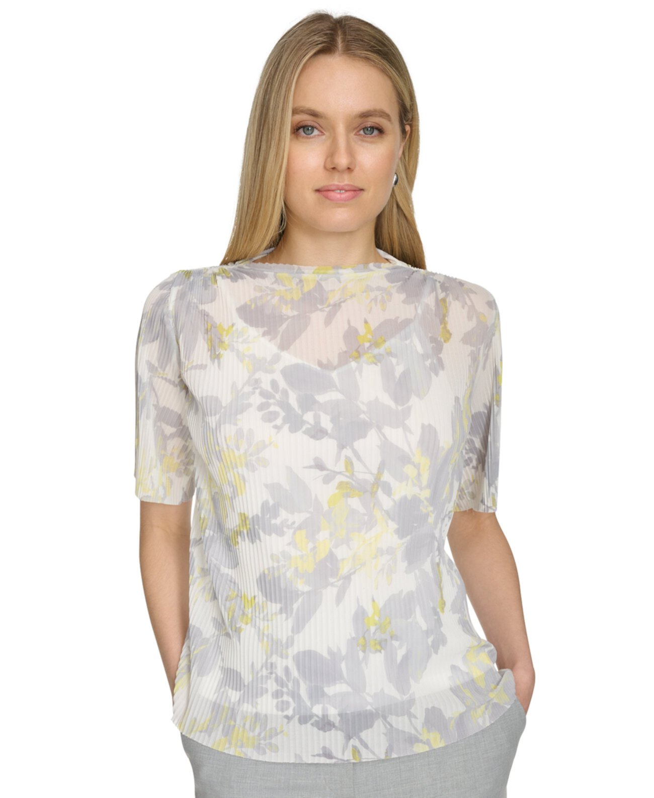 Women's Short-Sleeve Printed Mesh Top Calvin Klein