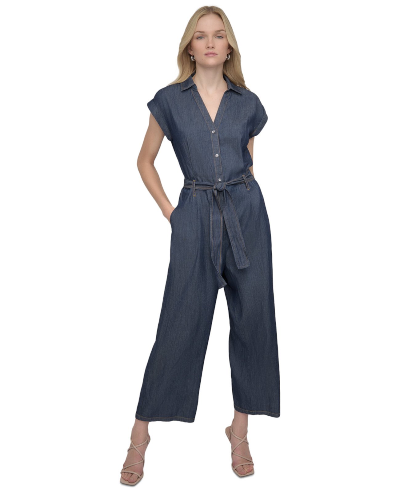 Women's Point Collar Tie-Waist Chambray Jumpsuit DKNY