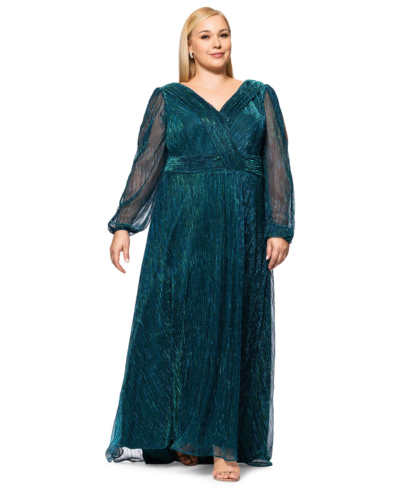 Plus Size Metallic Pleated Split-Sleeve Gown Betsy & Adam