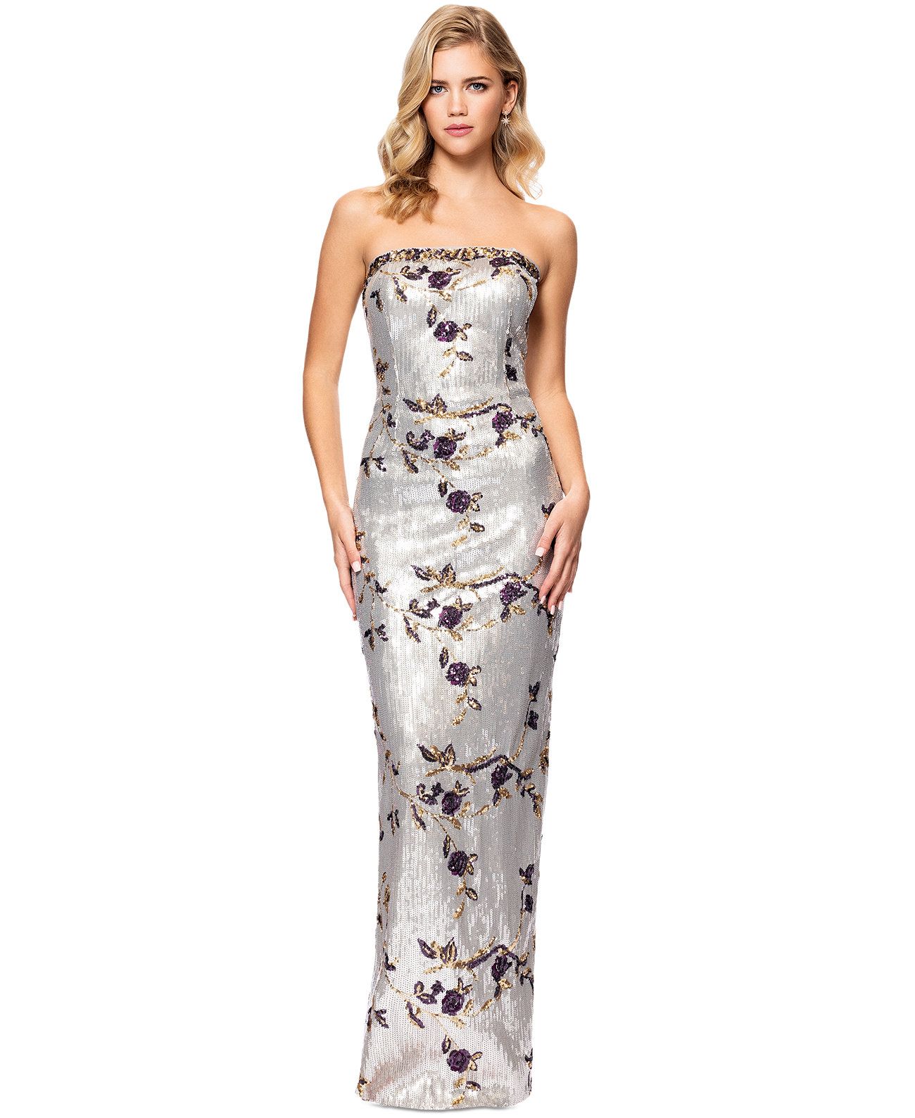 Women's Floral Sequined Strapless Gown Betsy & Adam