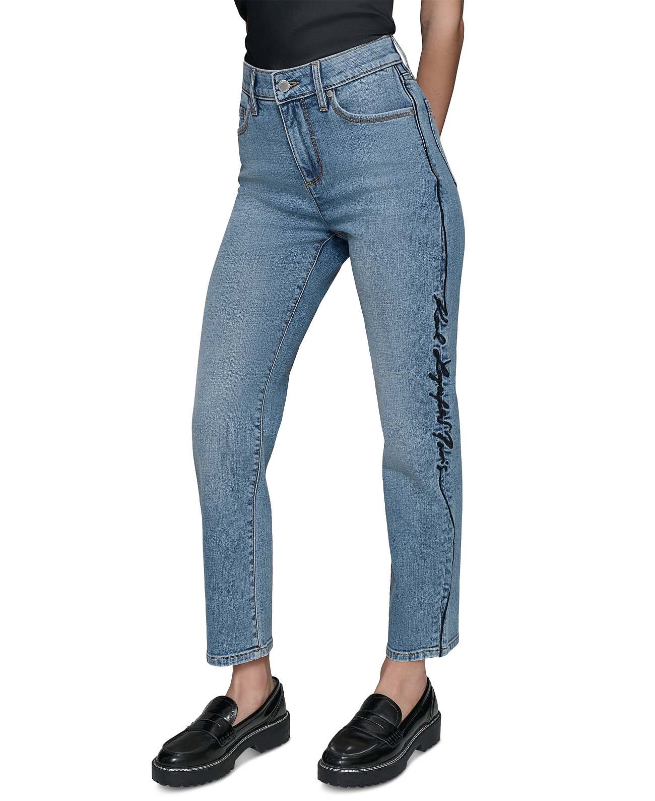 Women's Script Logo-Trim Mid-Rise Straight Jeans Karl Lagerfeld Paris