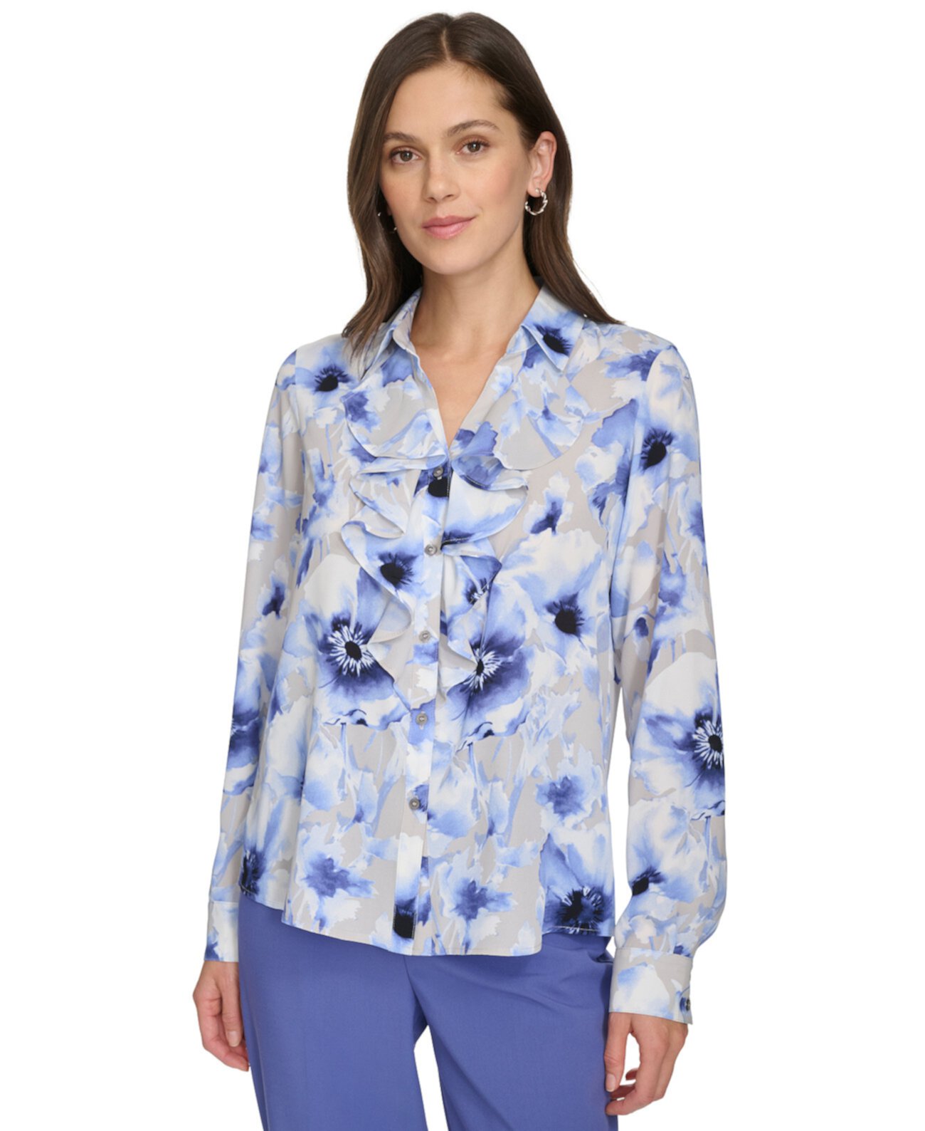 Women's Printed Ruffle-Collar Blouse Calvin Klein