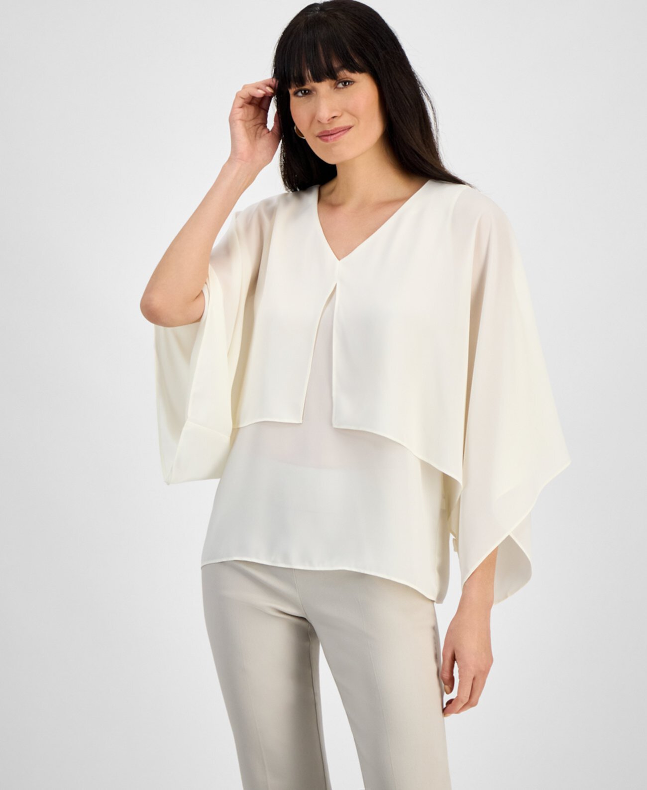 Women's Solid V-Neck Tiered Poncho Top, Exclusively at Macy's J&M Collection