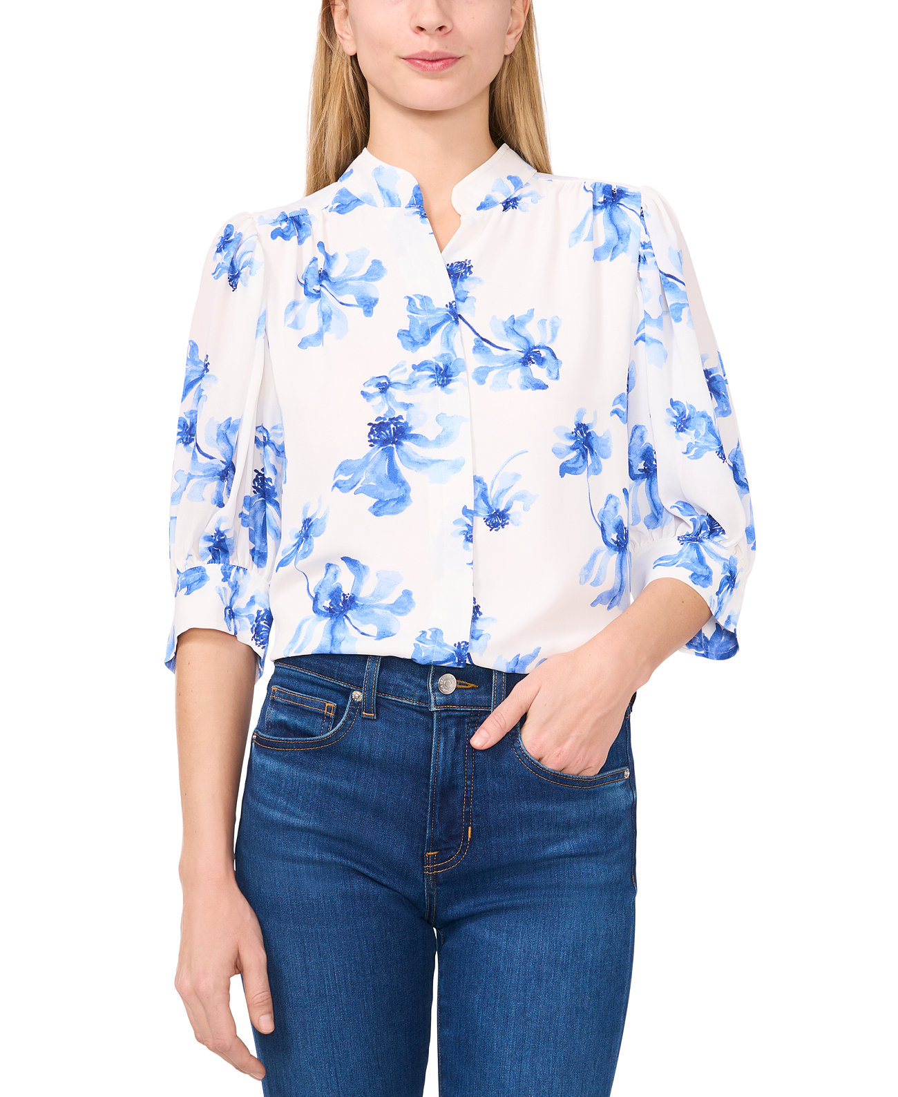 Women's Printed Open-Collar Elbow-Sleeve Top CeCe