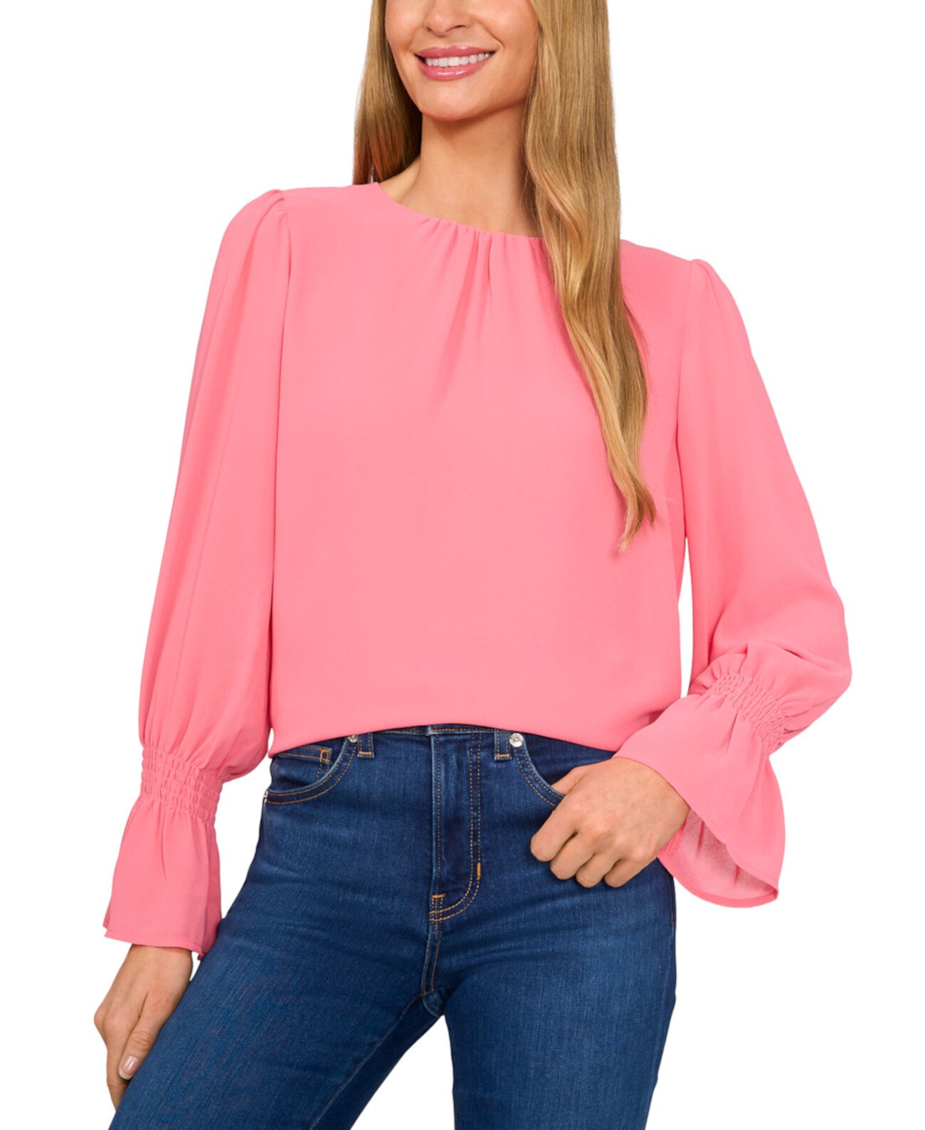 Women's Long-Sleeve Smocked-Cuff Blouse CeCe