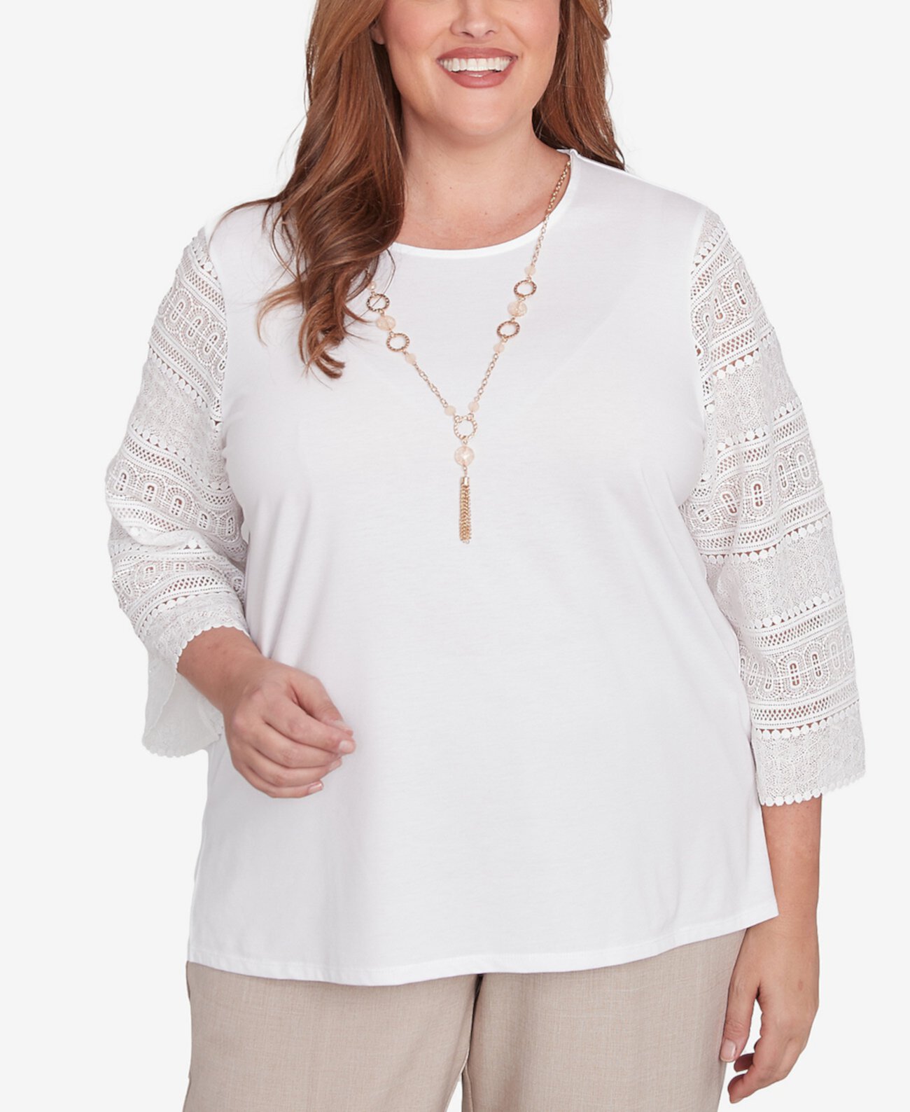 Plus Size Kensington Gardens Solid Lace Sleeve Knit Top with Necklace Alfred Dunner