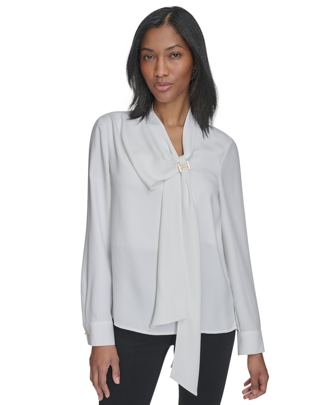 Women's High-Neck Bow-Tie Long-Sleeve Blouse Halston