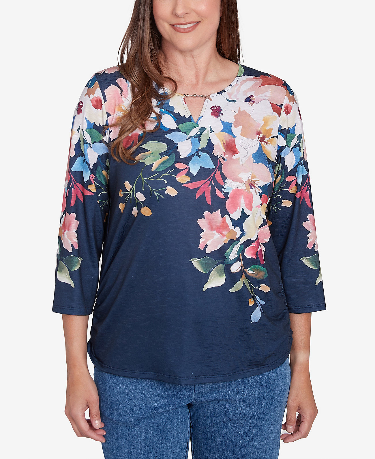 Women's Free Spirit Floral Knit Ruched Sleeve Top Alfred Dunner