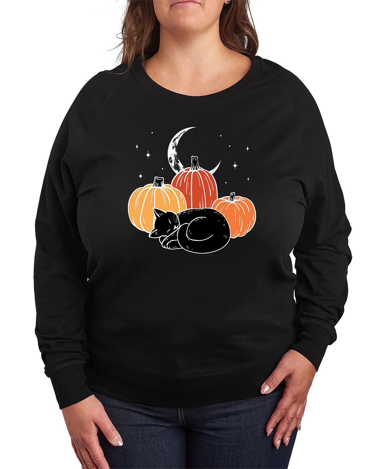 Plus Size Trendy Pumpkin Cat Graphic Pullover Top Hybrid Apparel