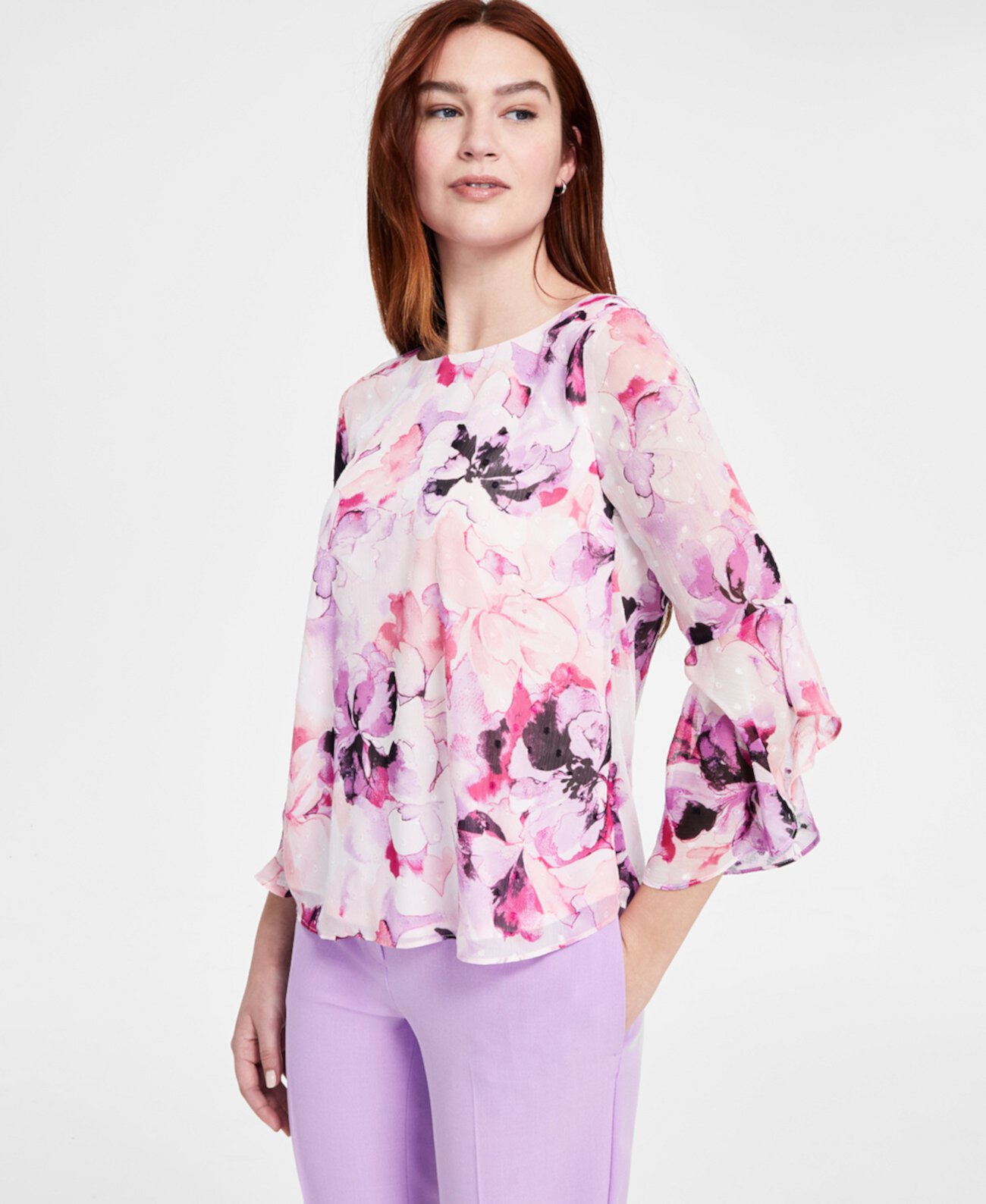 Women's Floral Ruffled Bell-Sleeve Top, Regular & Petite Kasper