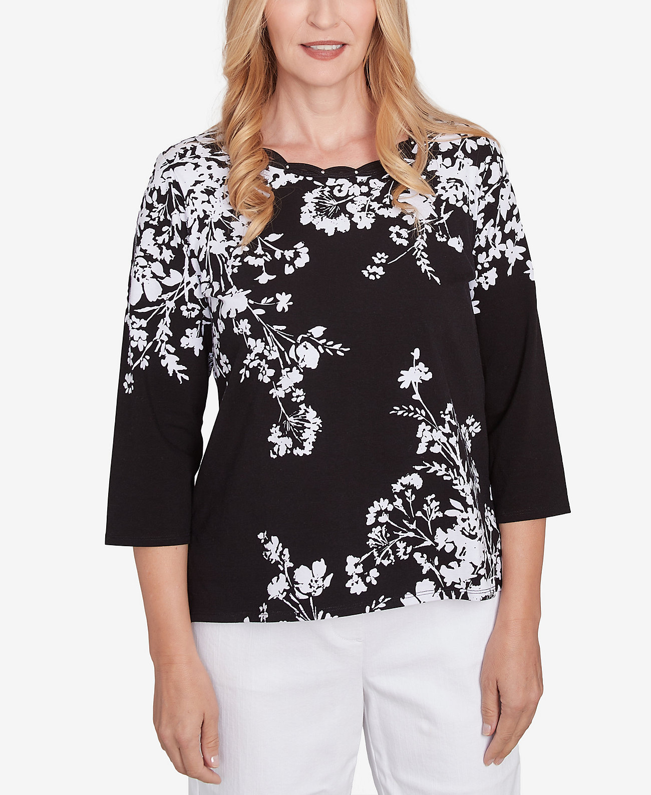 Petite Classics Asymmetric Floral Monotone Crewneck Top Alfred Dunner