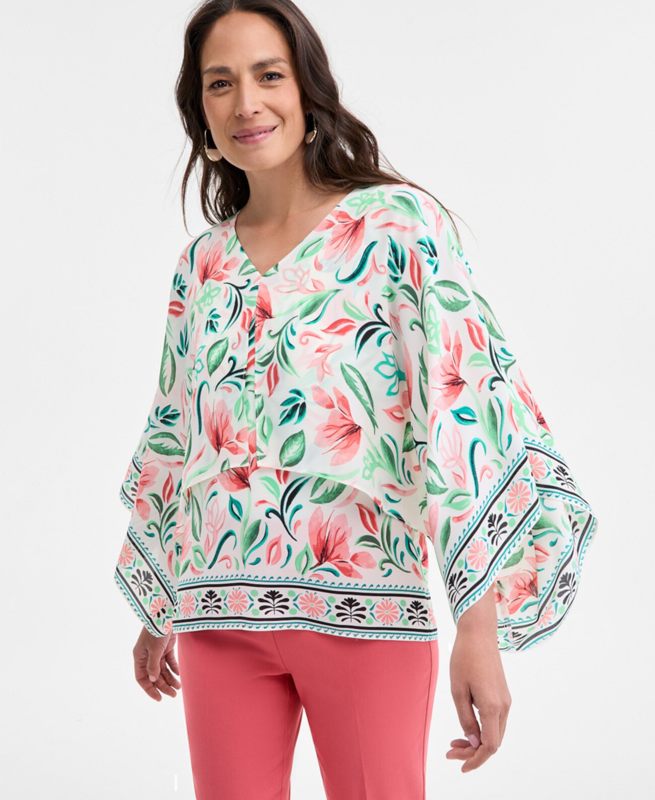 Women's Printed V-Neck Poncho, Exclusively at Macy's J&M Collection