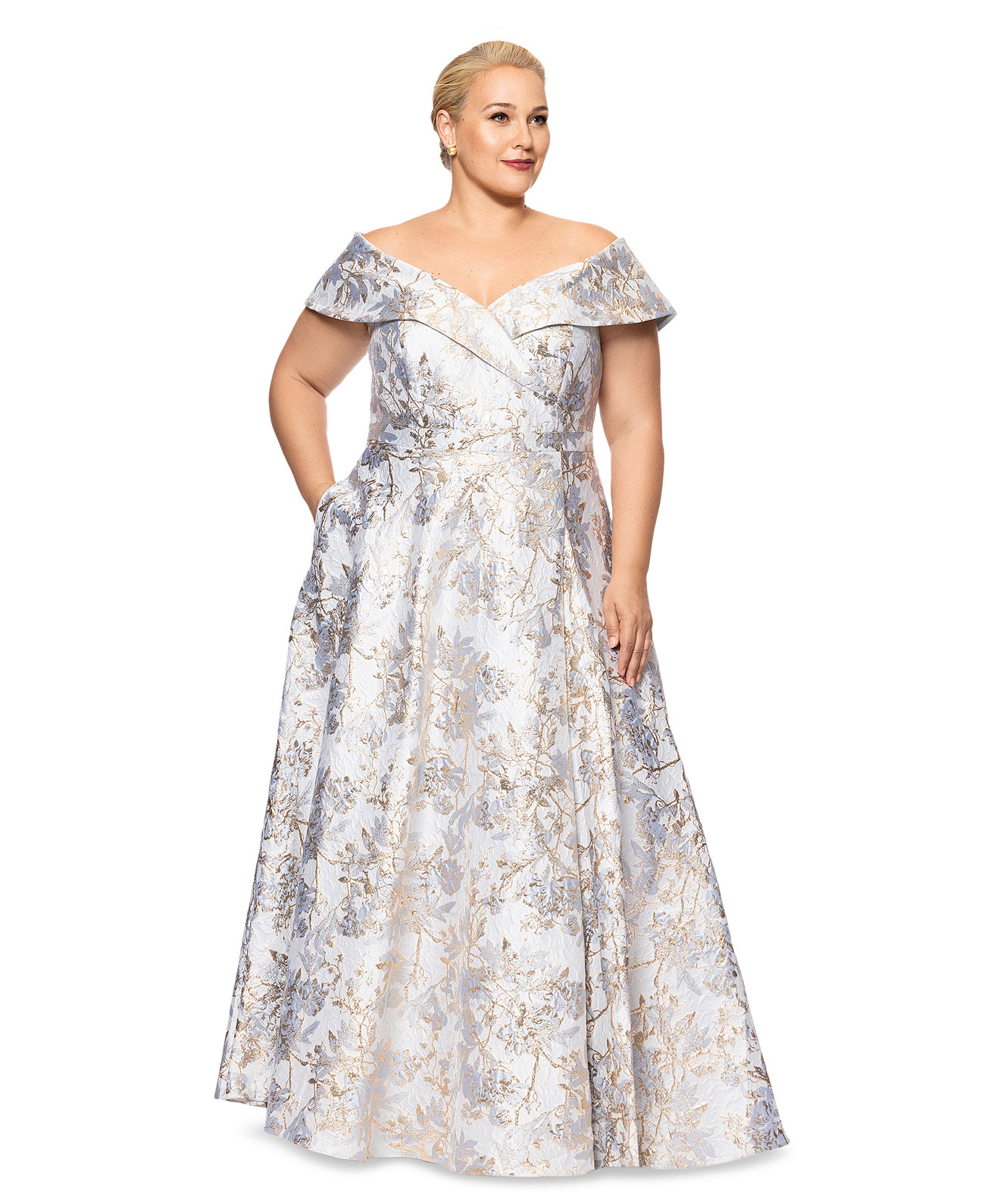 Plus Size Off-The-Shoulder Brocade Ball Gown Xscape