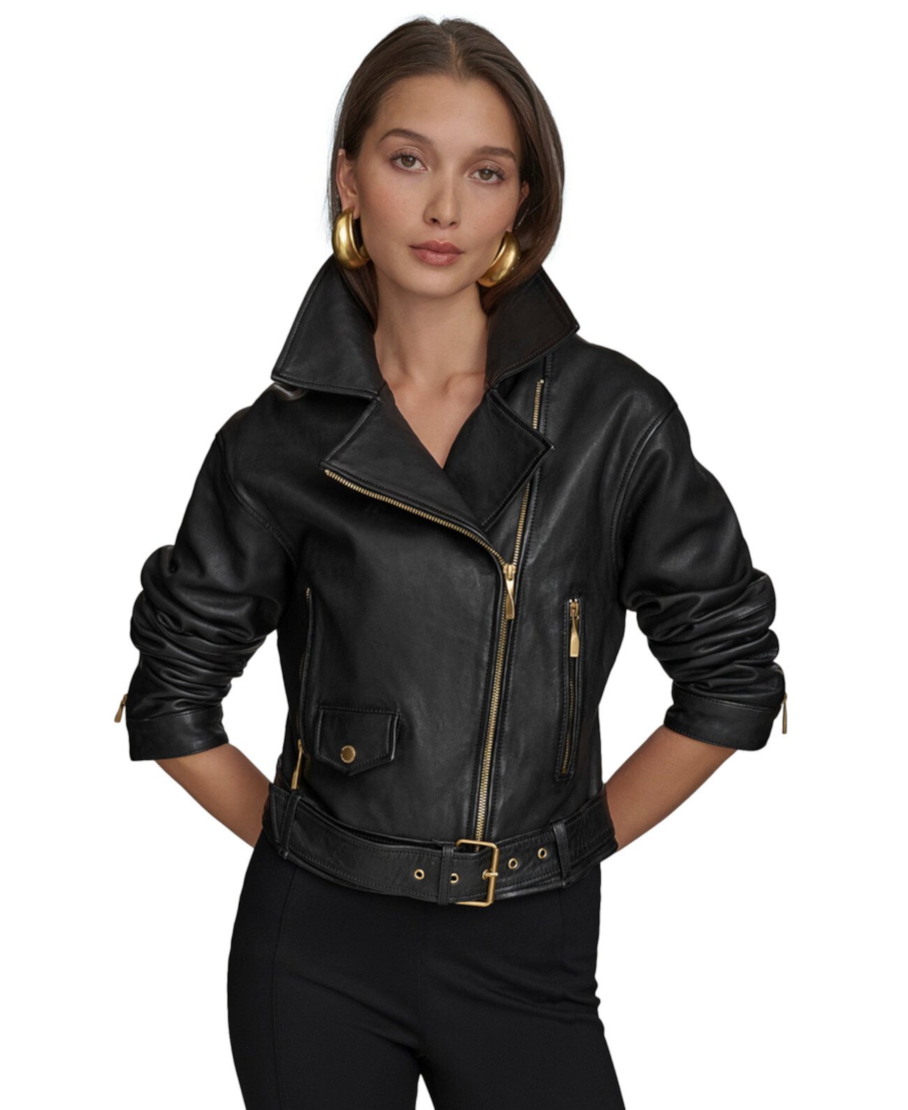 Women's Asymmetric Leather Moto Jacket Donna Karan New York