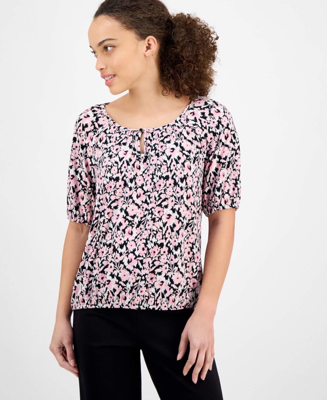 Petite Elbow-Sleeve Keyhole-Cutout Floral-Print Top AK Anne Klein