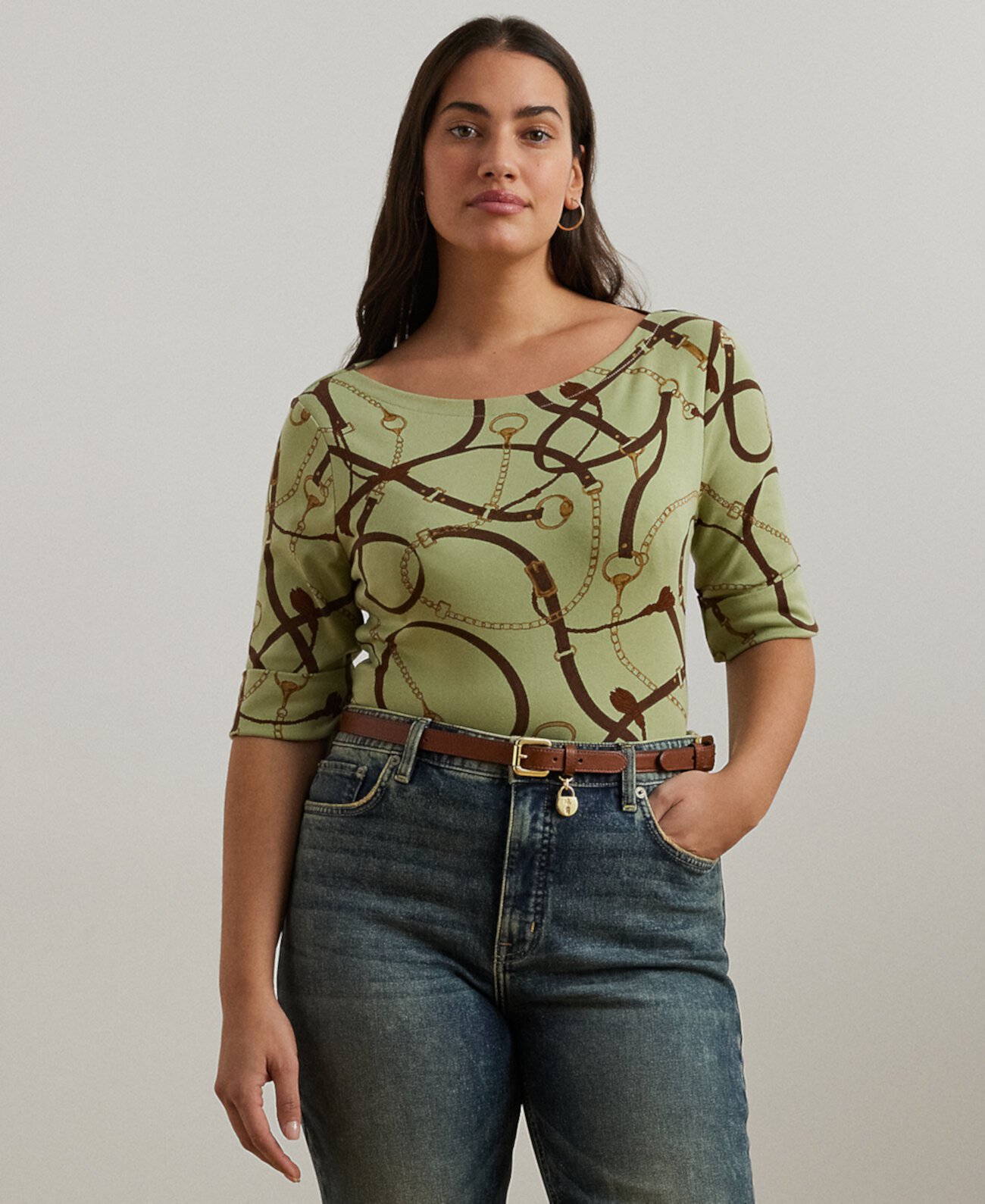 Plus Size Belting-Print Cotton-Blend Boatneck Tee LAUREN Ralph Lauren