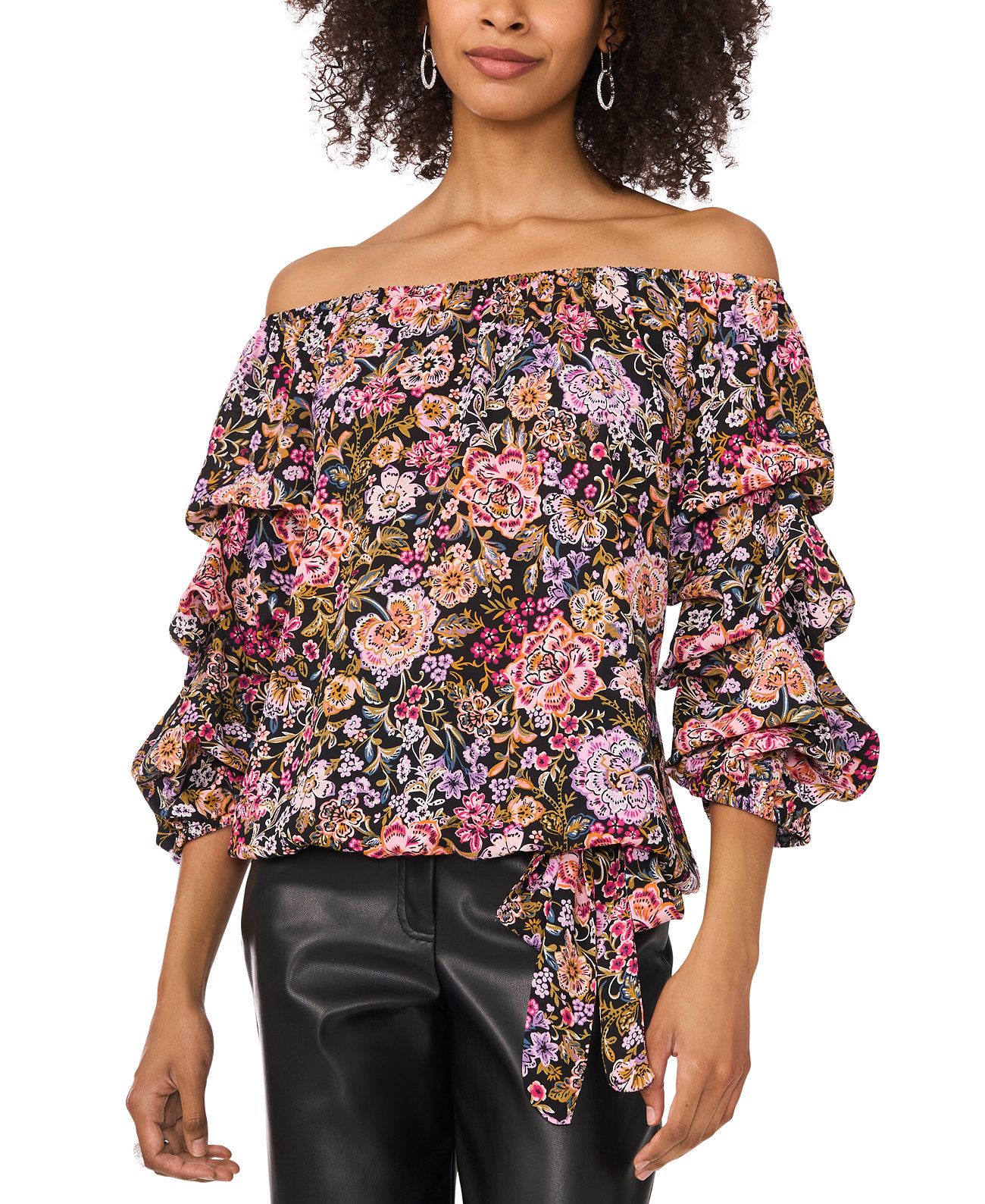 Women's Floral-Printed Off-The-Shoulder Bubble-Sleeve Top Vince Camuto