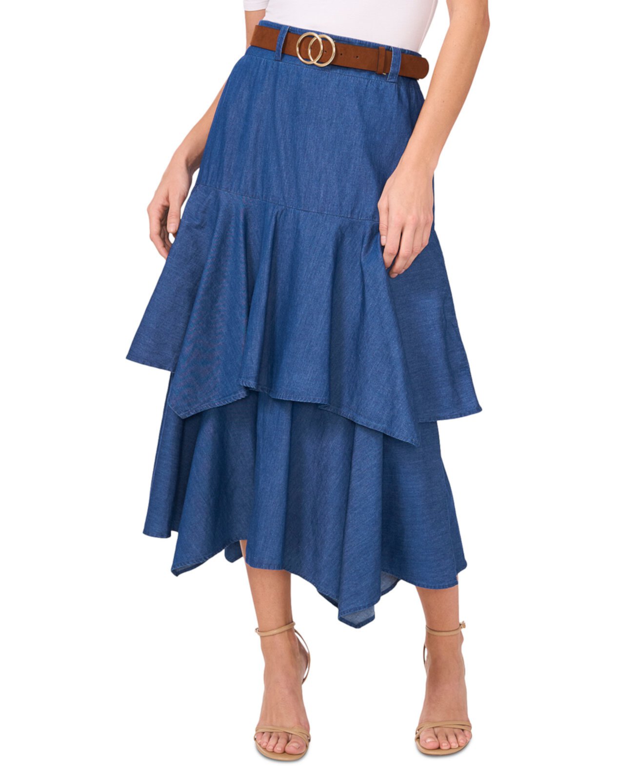 Women's Cotton Tiered Denim Midi Skirt CeCe