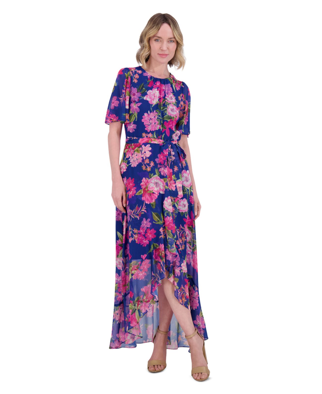 Women's Floral-Print Belted Flutter-Sleeve Dress Jessica Howard