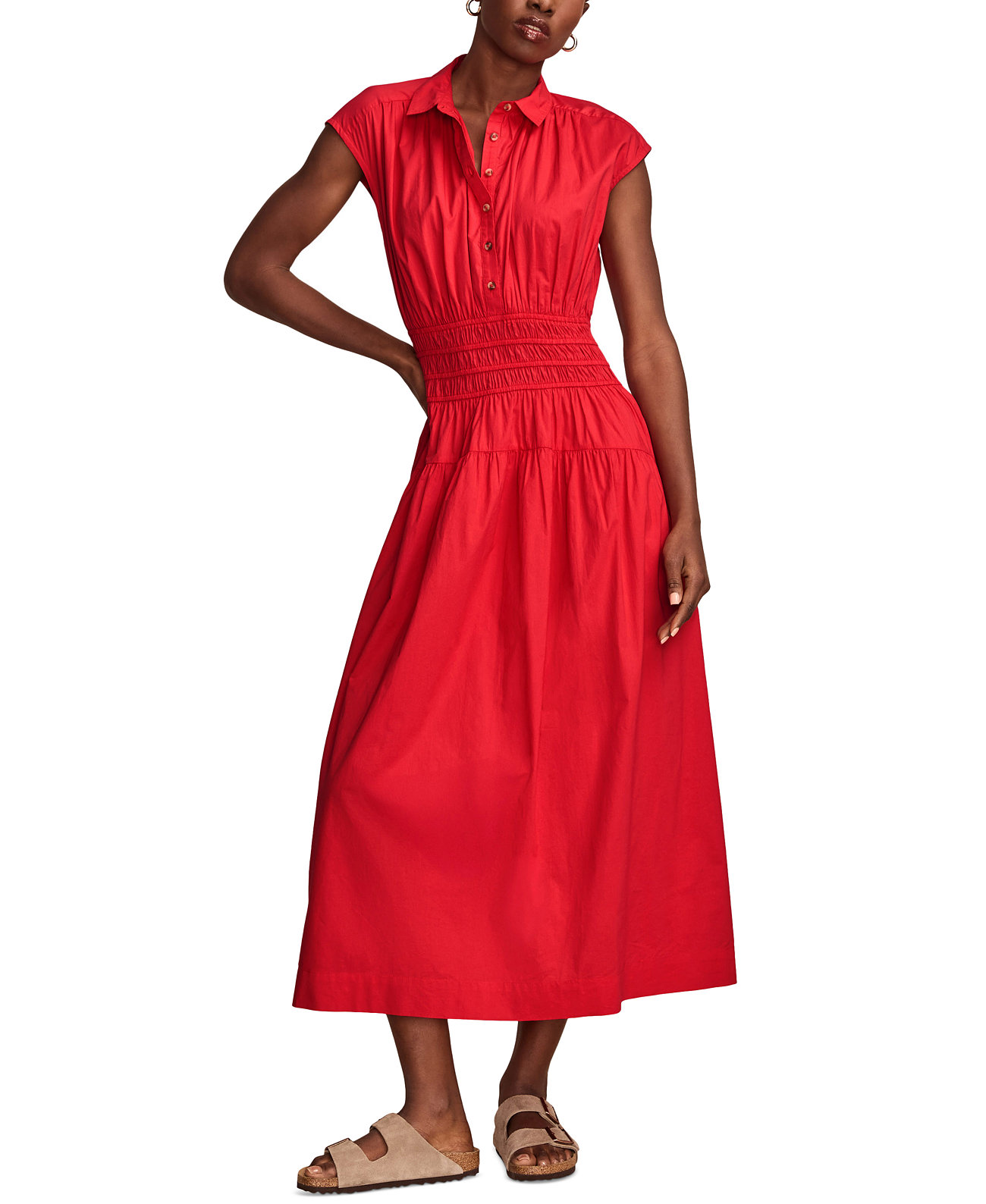 Women's Solid Smocked Dropped-Waist Midi Dress Lucky Brand