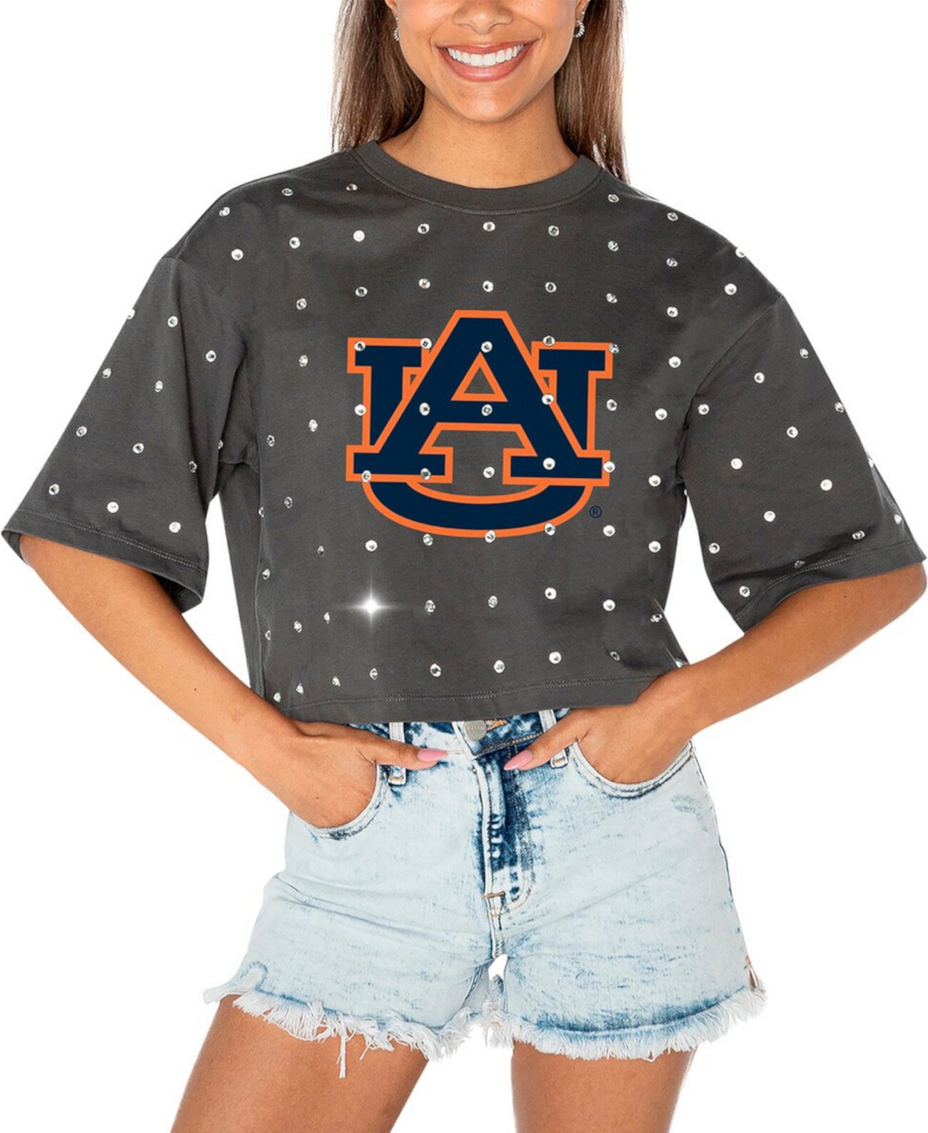 Women's Gray Auburn Tigers Go Time Rhinestone Crop T-Shirt Gameday Couture