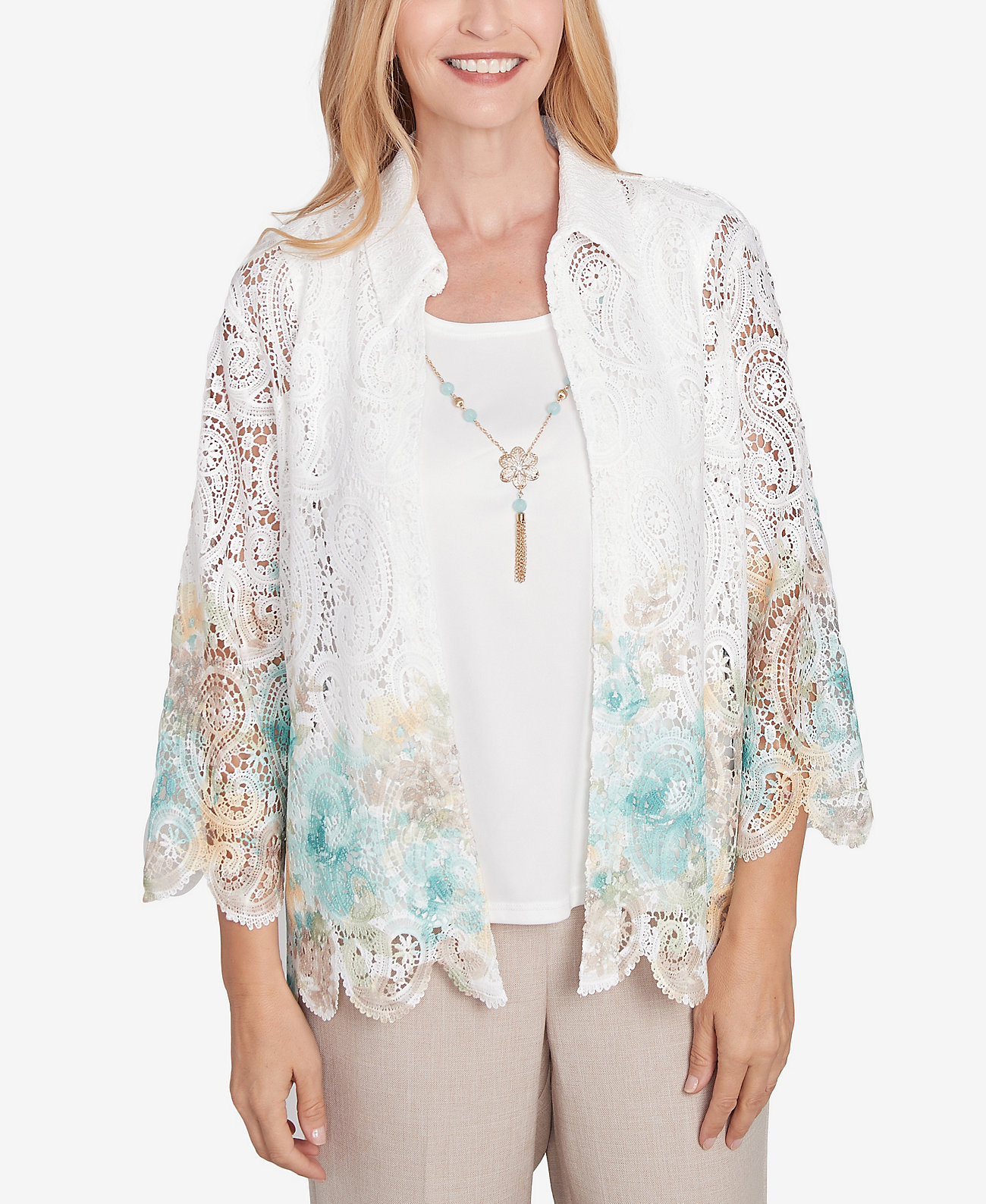 Petite Kensington Gardens Two in One Lace Floral Top with Necklace Alfred Dunner