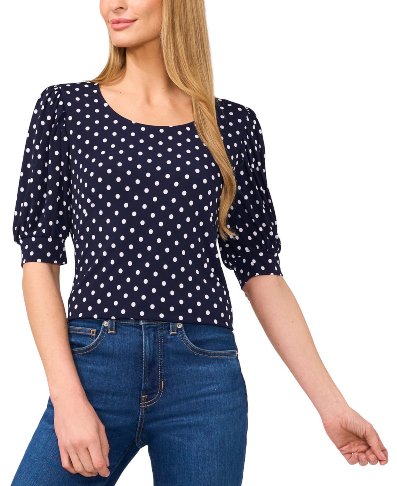 Women's Polka-Dot Elbow-Sleeve Round-Neck Top CeCe