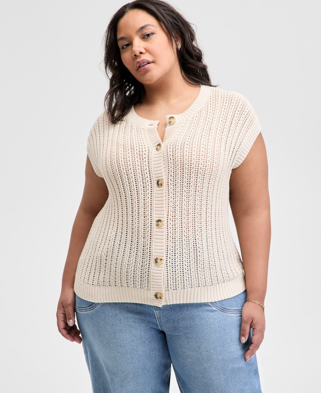 Trendy Plus Size Cap-Sleeve Crewneck Cardigan, Exclusively at Macy's And Now This