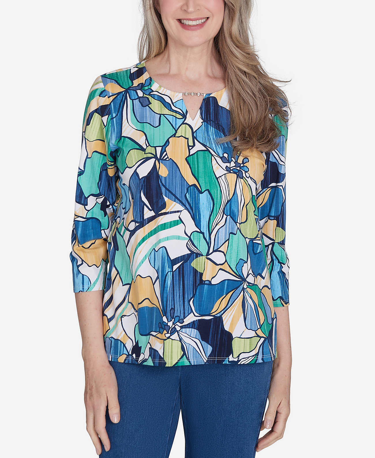 Petite Key Items Drama Floral Three Quarter Sleeve Tee Alfred Dunner