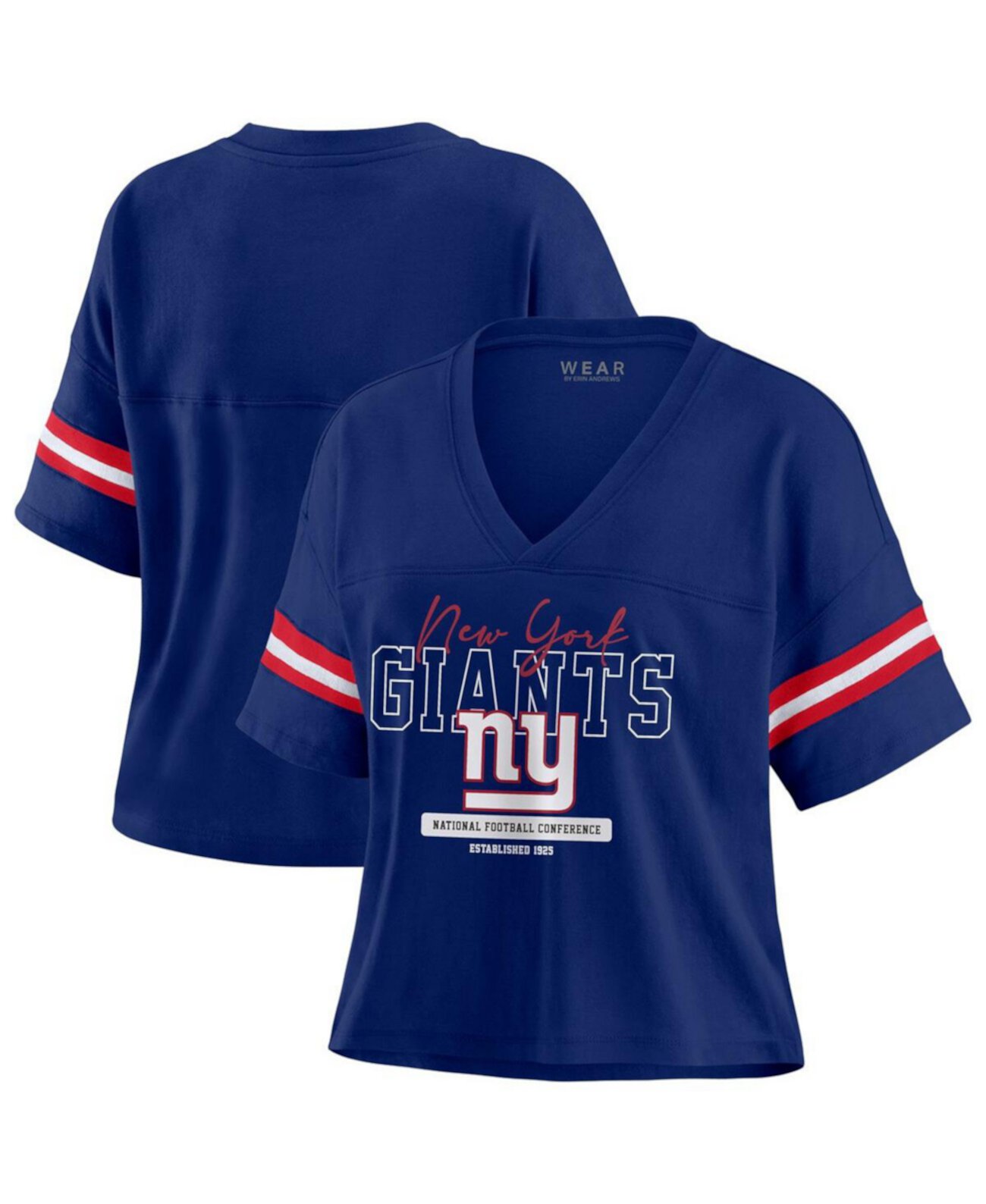 Women's Royal New York Giants Color Block Boxy Modest Crop V-neck T-shirt WEAR by Erin Andrews