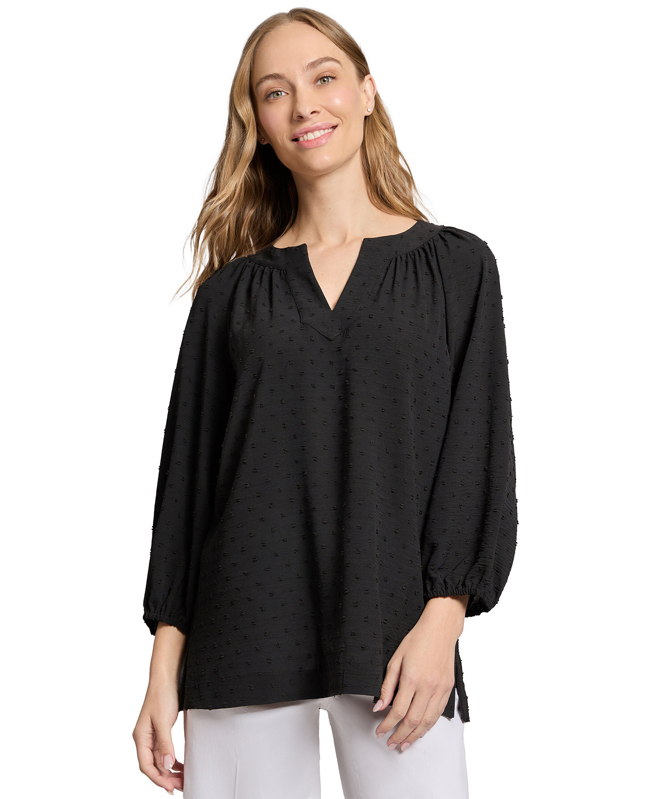 Women's 3 Quarter Sleeve Notch Neck Popover Dotted Blouse Jones New York