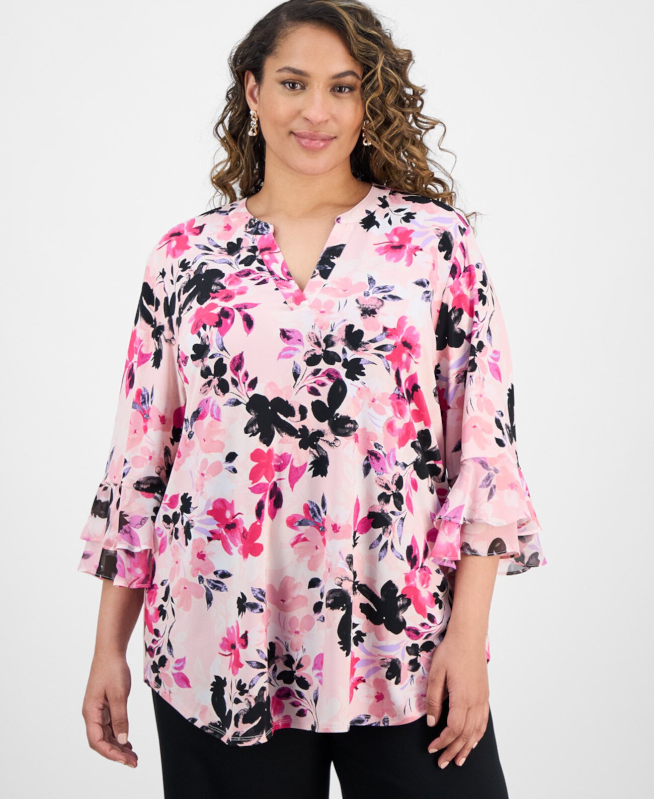 Plus Size Printed 3/4-Sleeve Ruffle Blouse Kasper