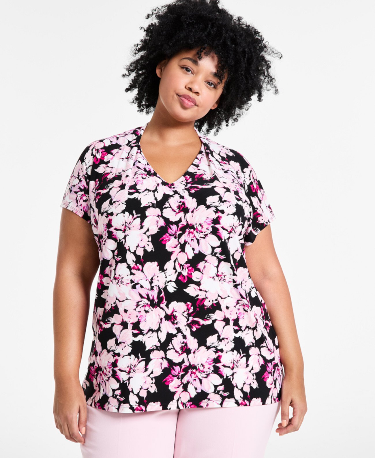 Plus Size Floral V-Neck Cap-Sleeve Top Kasper